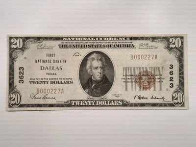 Carta de moneda nacional de Dallas Texas 1929 $20 FNB #3623 Foto 1 de 4