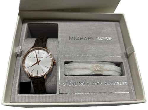 Nuovo MK1036 Orologio Bracciale MICHAEL KORS PYPER Pelle Marrone Oro Rosa Logo Set