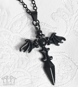 Gothic Bat Wings BLACK SWORD CROSS PENDANT Necklace Winged Punk Vampire Unisex - Picture 1 of 3