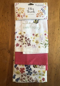 Cooksmart England Kitchen Tea Towels BEE HAPPY Flowers 100% Cotton 3 in Pkg - Picture 1 of 5