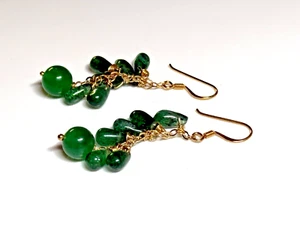 Sterling Silver 925 Earrings Dangle Drop 18K Gold Plated Green Agate Emerald - Picture 1 of 9