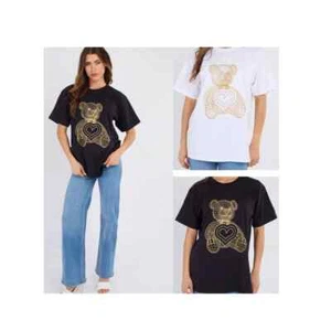 Ladies women’s short sleeve Sparkle Glitter Gold Teddy print T- shirt UK 8-22 - Picture 1 of 3