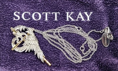 SCOTT KAY Sterling Silver Cross Angel Wings Heart Pendant Necklace w Pouch & Box - Image 1 of 4
