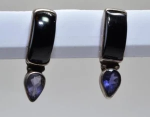 Orecchini Pendenti In Argento STERLING Con Onice Nero E Ametista 6.64g - Foto 1 di 2