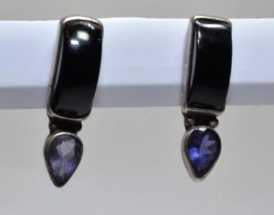 Orecchini Pendenti In Argento STERLING Con Onice Nero E Ametista 6.64g - Immagine 1 di 2