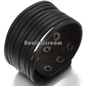 Mens Punk Rock Wide Black Leather Multi Layer Cuff Wristband Bracelet Adjustable - Picture 1 of 6