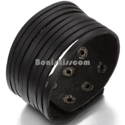 Mens Punk Rock Wide Black Leather Multi Layer Cuff Wristband Bracelet Adjustable - Image 1 of 4