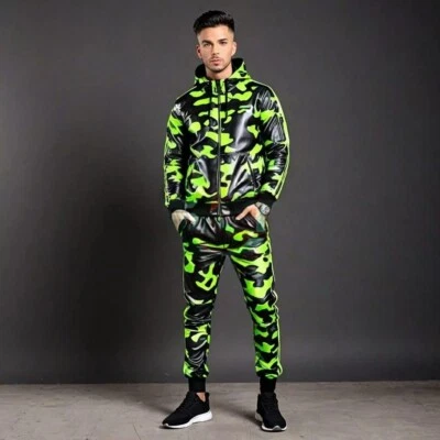 Men's Genuine Lambskin Camouflage Leather Track Suit Sweatsuit [Black/Green] - Image 1 of 2