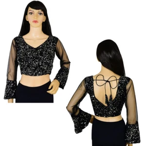 Velvet Saree Blouse Sequins Work VNeck Stylish Lehenga Choli Crop Top Party Wear - Picture 1 of 7
