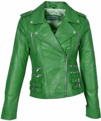 Elegante chaqueta de cuero para mujer piel de cordero genuina motocicleta hecha a mano aspecto informal Foto 1 de 3