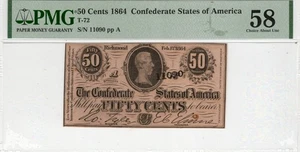 T-72 PF-2 1864 $0.50 Confederate Paper Money - PMG Choice About Uncirculated 58 - Picture 1 of 2