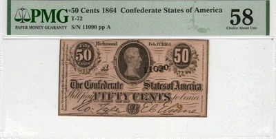 T-72 PF-2 1864 $0.50 Confederate Paper Money - PMG Choice About Uncirculated 58 - Image 1 of 2