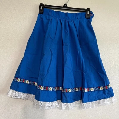 Vintage Women's Dirndl Folk Pleated Skirt 7 23” Blue Floral Embroidery Lace Hem - Image 1 of 4