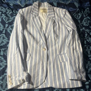 L'AGENCE Striped Blazer In White Blue Single Button Lined Size 4 $490 Linen - Picture 1 of 11