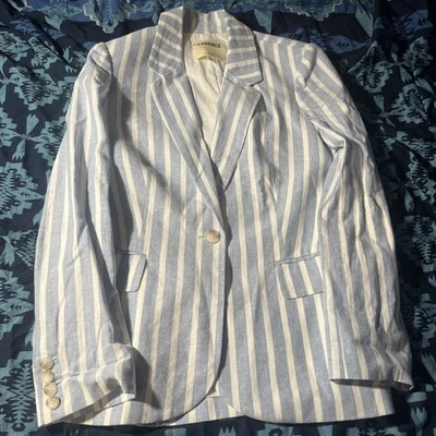 L'AGENCE Striped Blazer In White Blue Single Button Lined Size 4 $490 Linen - Image 1 of 4