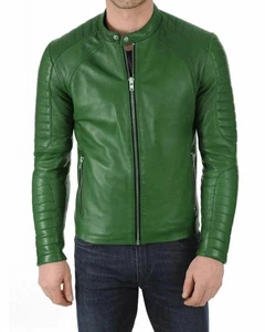 Green Leather Jacket Biker Men's Real Lambskin Racer Motorcycle Biker Jacket - Picture 1 of 7
