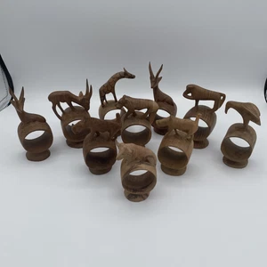 African Safari Animal Wooden Napkin Holder Rings Vintage Hand Carved Set of 10 - Picture 1 of 24
