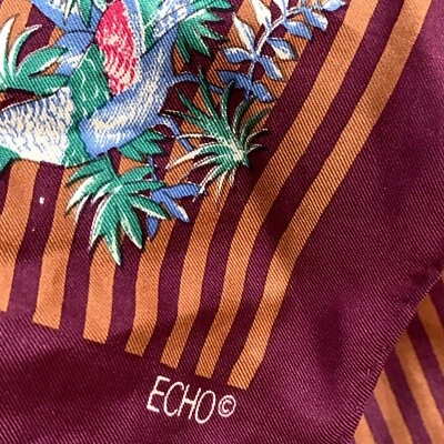 ECHO STRIPES RED BIRDS SQUARE silk scarf 33/32 in  #a15 - Image 1 of 3