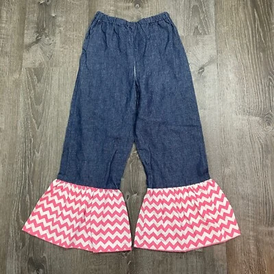 Pantalones Hechos a Mano Niñas Pierna Acampanada Boutique Denim Chevron Lavado Oscuro Talla 10 Foto 1 de 4