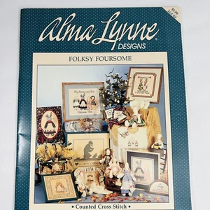 Alma Lynne Designs Folksy Foursome Cross Stitch Pattern Rabbit Cat Goose Vintage - Picture 1 of 11