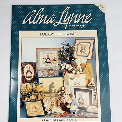 Alma Lynne Designs Folksy Foursome Cross Stitch Pattern Rabbit Cat Goose Vintage - Image 1 of 4