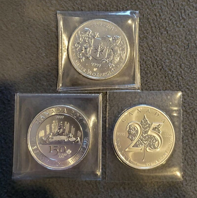 Lote de 3 monedas de plata fina hoja de arce canadiense de colección limitada poco común BU Foto 1 de 4