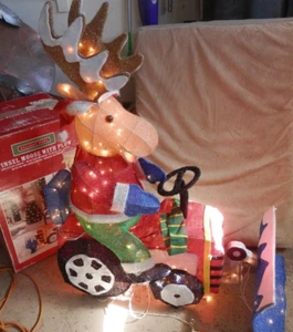 Vintage Holiday Home Light Up Tinsel Reindeer w/Plow 40" x 32" w/Box WORKS - Picture 1 of 4