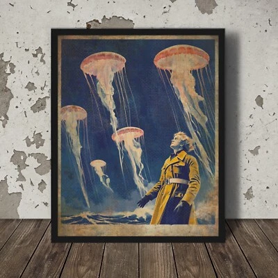 Vintage UFO  JELLYFISH Wall Art, Nautical Sci-fi Poster, USO Cryptid Beach Decor - Image 1 of 4