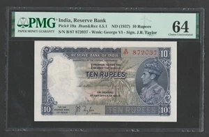 Indien 10 Rupien 1937 Jahr P-19a UNC PMG64 - Bild 1 von 2