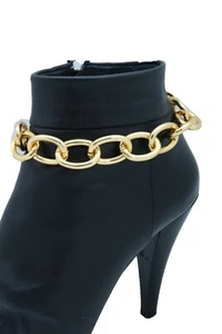 Women Hood Fashion Gold Metal Chunky Chain Thick Links Boot Bracelet Shoe Band - Picture 1 of 12