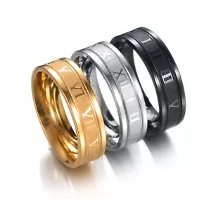 Fashion Roman Numeral 6MM Charm Stainless Steel Round Rings For Men Size 6-12 - Picture 1 of 12