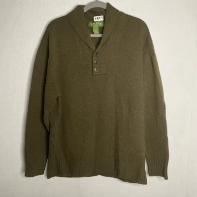 Vintage ORVIS Sweater Mens L Large Lambswool Khaki Green Shawl Collar Fisherman - Image 1 of 4