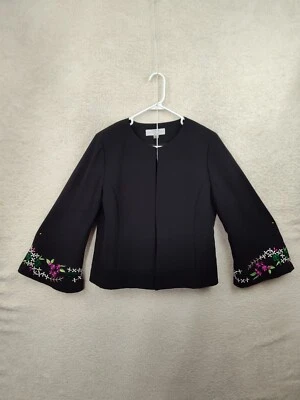 Tahari Arthur S Levine Women Suit 12P Black Poly Blend Embroidery Open Front - Image 1 of 4