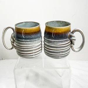 Roscher Pottery Mug set of 2 two 4.25" tall 4" diameter 14oz blue brown white - Picture 1 of 7