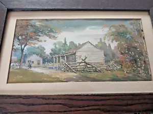 Antique Impressionism Watercolor W/C Painting Of Log Cabin Homestead, Signed - Picture 1 of 10