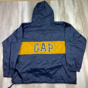 VINTAGE GAP Windbreaker Herren XL blau gelb Kapuze Anorak Pullover Nylon mit Tasche - Bild 1 von 15