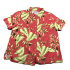 Liz & Me Shirt Womens 1X Red Green Floral Rayon Button Up Palm Leaves Trees Top