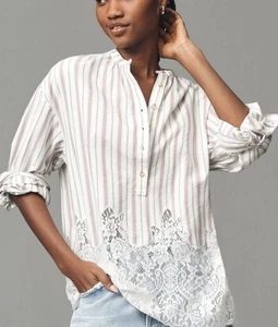 Anthropologie Pilcro 3/4 Sleeve Lacey Tunic Top Striped White Lace Blouse Large - Picture 1 of 12