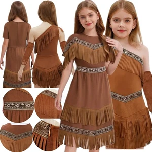 Girls Indian Native Princess Fringe Suede Dress Tassel Sleeves Carnival Dress Up - Picture 1 of 27