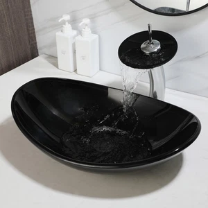 Oval Black Bathroom Vessel Sink Tempered Glass Basin Bowl With Faucet And Drain - Picture 1 of 15