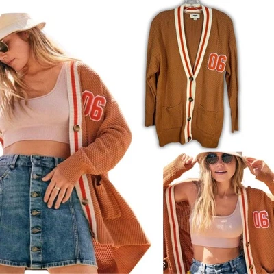 Aerie 棕色条纹校队 Letterman 开衫毛衣橙色书呆子超大 XS — 第 1/4 张图片