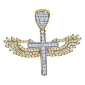 10k Two-Tone Gold Cubic Zirconia Angel Wings Cross Religious Charm Pendant 4.4gm - Picture 1 of 3