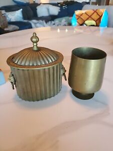 Vintage Lion Head Handle Biscuit Jar with Wine Goblet - India Brass