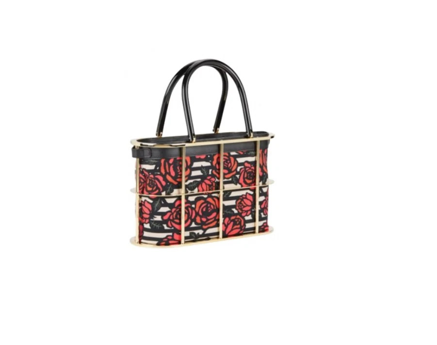 Charlotte Olympia Red Rose Detail Black White Stripe Cage Tote - Image 1 of 4