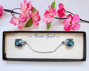 VTG Sweater Guard Cardigan Clip Silver Tone Blue w/Palm Trees Original Box - Picture 1 of 22