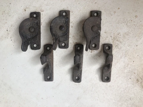 Antique Eastlake Crescent Window Locks with Catch Keepers 3 sets Cast Iron Cover
