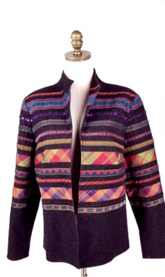 Chaqueta Coldwater Creek para mujer talla 16 negra a rayas suroeste cuentas delanteras abiertas Foto 1 de 4