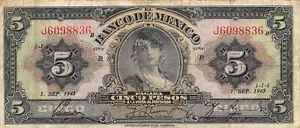 México 5 Pesos 1.9.1943 Series R Prefix J Circulated Banknote GL - Picture 1 of 2