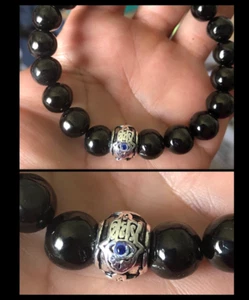 Hamsa Evil Eye Natural Black Onyx Gemstone CZ Blue Indigo crystal Bead Bracelet - Picture 1 of 8