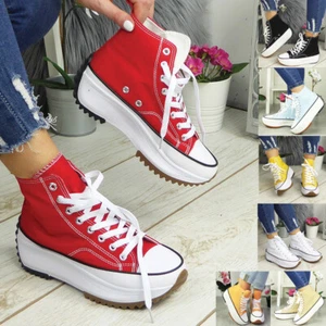 Ladies Canvas Womens Trainers Grip Sole Platform Lace Up Casual Sneakers Shoes - Picture 1 of 85